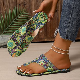Damen Zehenstegsandalen mit buntem Blumenmuster und rutschfester Sohle Shopnory