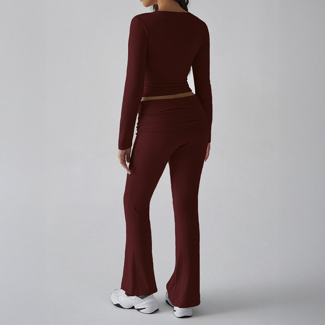 Damen nan figurbetontes Cropped-Set mit langärmeligem Top mit quadratischem Ausschnitt und ausgestellter High‑Waist Yoga-Hose Shop Nory