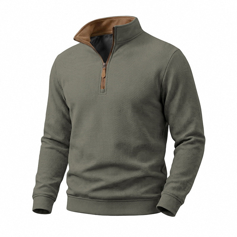 Herren Waffelstruktur-Halbzip-Sweatshirt mit Stehkragen, Kontrastfutter und Lederzipper Shop Nory