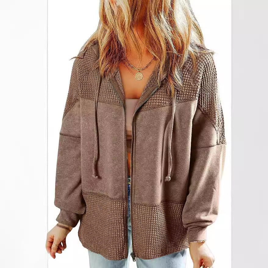 Damen Lässige Oversize-Kapuzenjacke mit Strukturstrick-Einsätzen und Reißverschluss Shop Nory