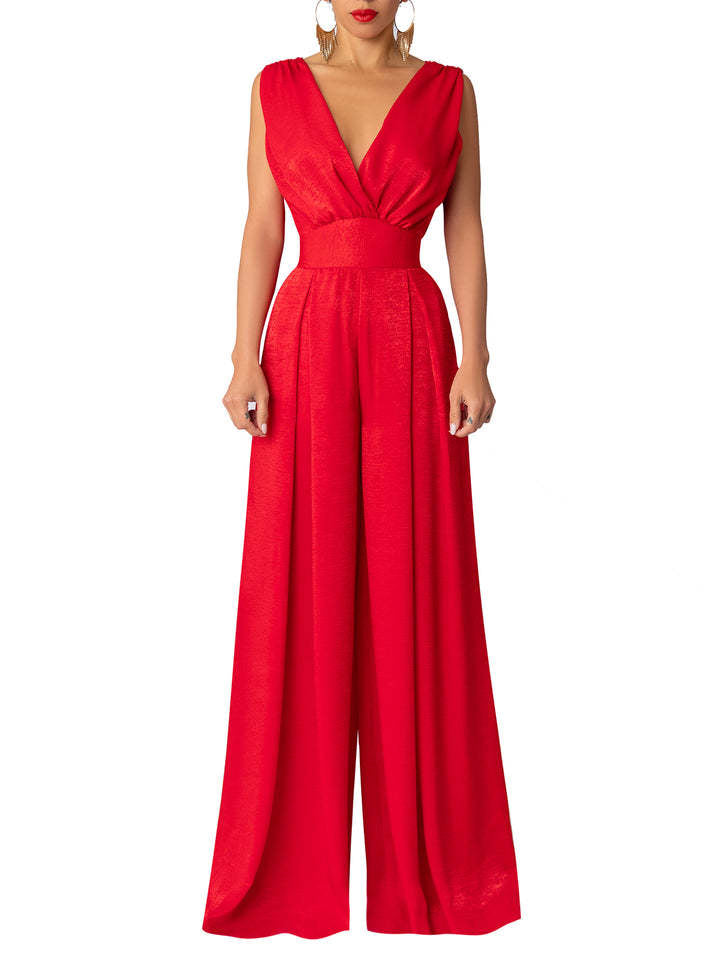 Damen Jumpsuit mit tiefem V-Ausschnitt und weit geschnittenem Bein