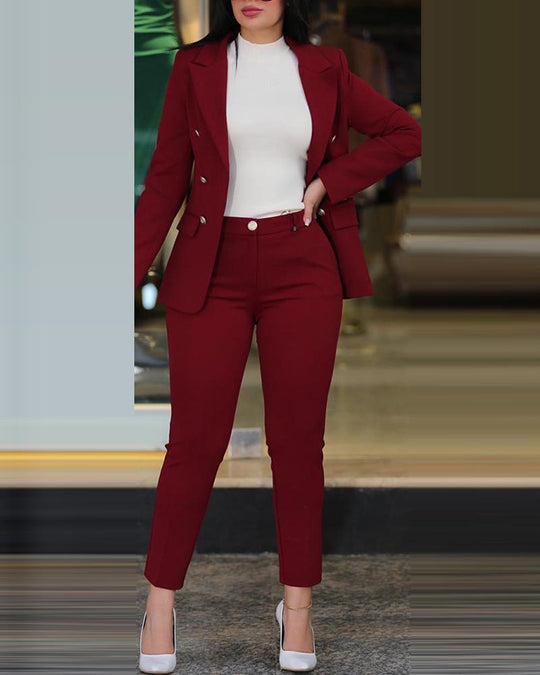 Damen Figurbetonter Zweireiher-Blazer mit schlanker High‑Waist Zigarettenhose Shop Nory