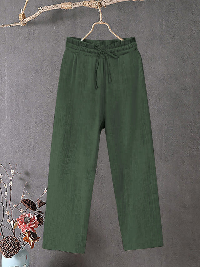 Damen Crinkle Leinenmischung Hose mit elastischem Kordelzug, gerade Beinform und lässiger Passform Shop Nory