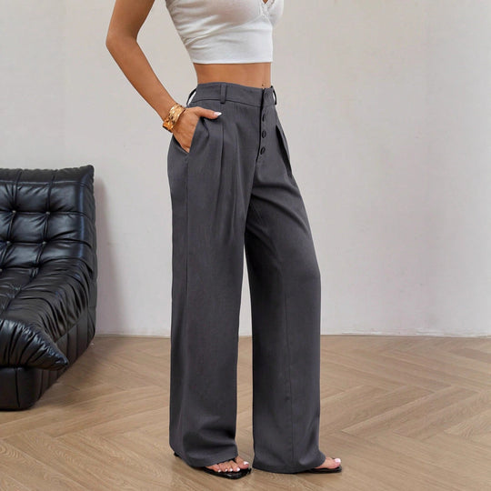 Damen Hochtaillierte Bundfalten-Hose mit Knopfleiste und weitem Bein Shop Nory