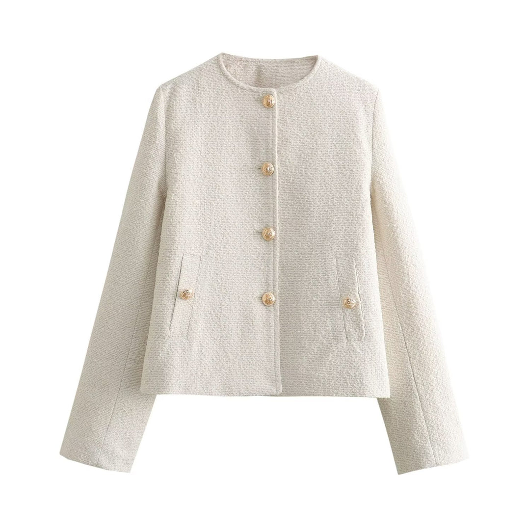 Damen Boxy-Boucléjacke mit Rundhalsausschnitt, Zierknopfleiste und Pattentaschen Shop Nory