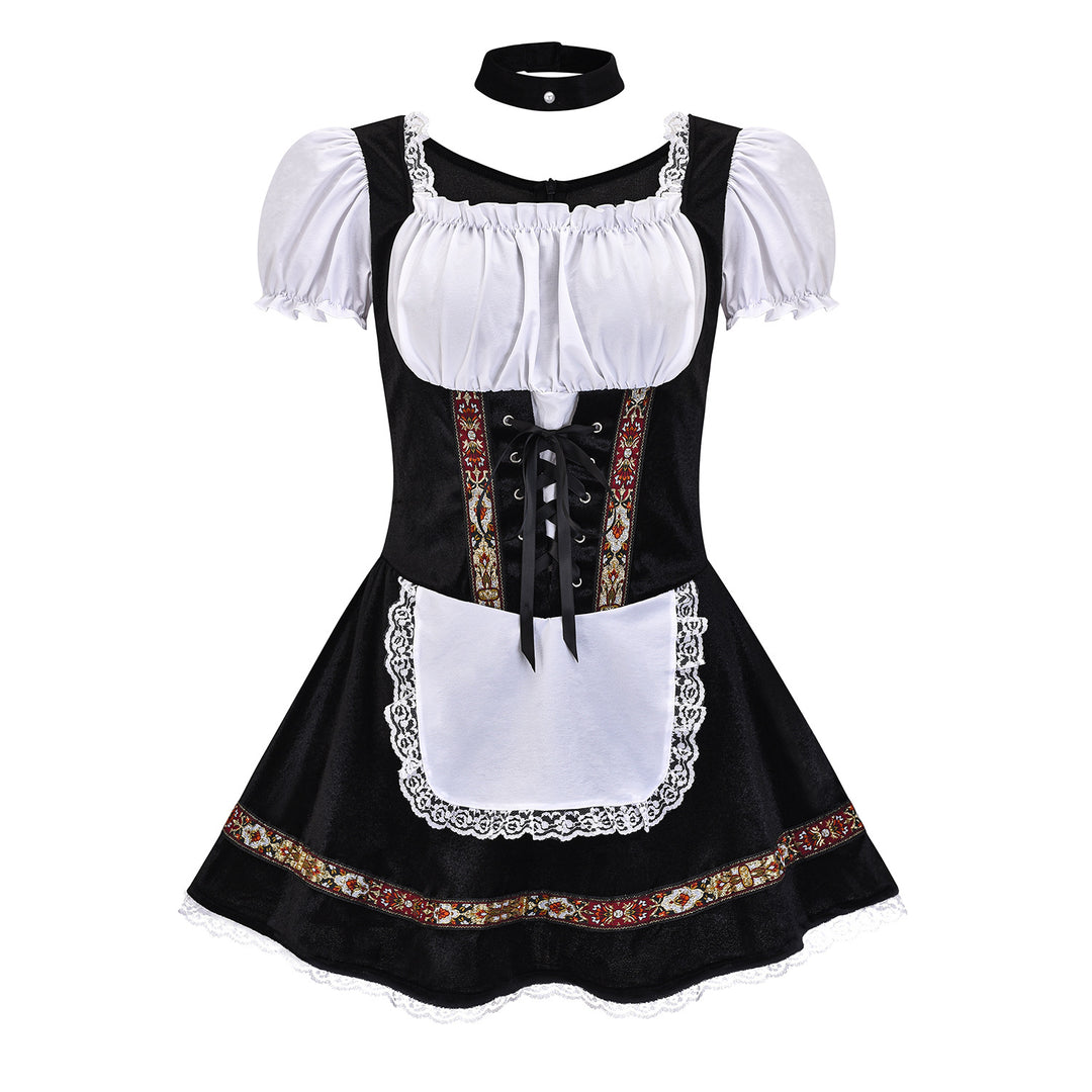 Damen nan kurzes Trachtenkleid im Dirndlstil mit Schnürung, schulterfreiem Carmen-Ausschnitt und Zierschürze Shop Nory