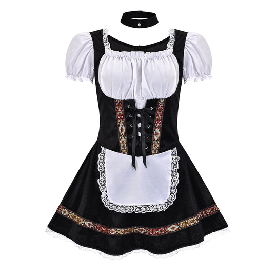 Damen nan kurzes Trachtenkleid im Dirndlstil mit Schnürung, schulterfreiem Carmen-Ausschnitt und Zierschürze Shop Nory