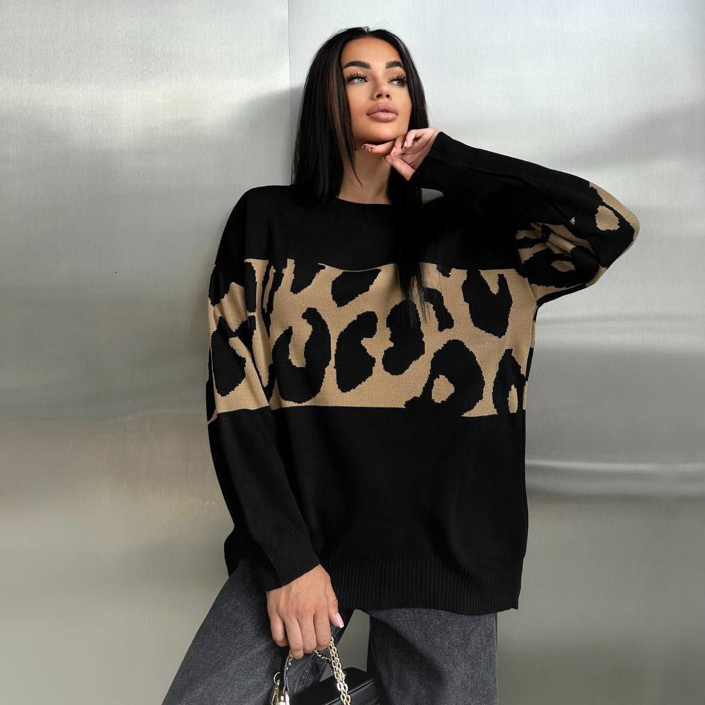 Damen Oversized Strickpullover mit Leoparden-Bahnen, überschnittener Schulter und geripptem Saum Shop Nory