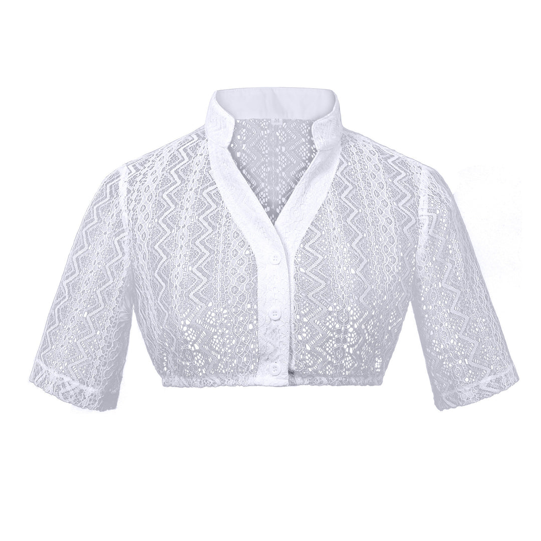 Damen nan Spitzenbolero Bluse mit Stehkragen, 3/4 Ärmeln und Bindeband Shop Nory