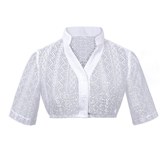 Damen nan Spitzenbolero Bluse mit Stehkragen, 3/4 Ärmeln und Bindeband Shop Nory