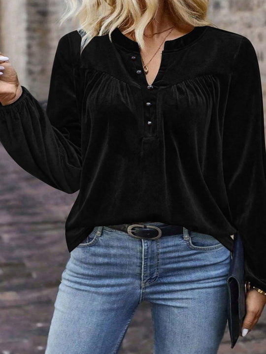Damen Samtsweatshirt mit Henley-Knopfleiste, geraffter Brustpasse und lockerer Silhouette Shop Nory