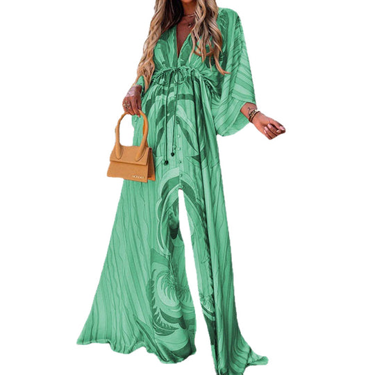 Damen Maxikleid mit tiefem V-Ausschnitt BindShop Noryand in Empire-Taille Kimonoärmeln und Frontschlitz Shop Nory