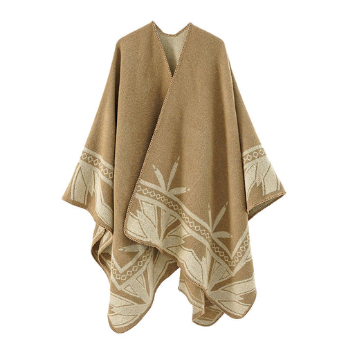 Damen Grobgewebter Umhangponcho aus Wollmix mit V-Ausschnitt und Ornamentjacquard Shop Nory