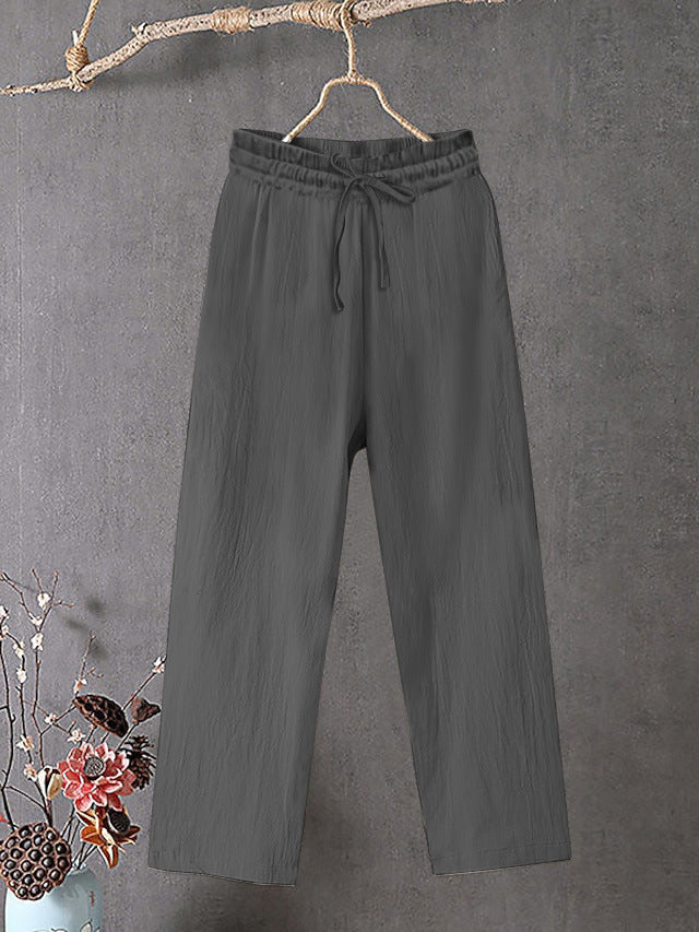 Damen Crinkle Leinenmischung Hose mit elastischem Kordelzug, gerade Beinform und lässiger Passform Shop Nory