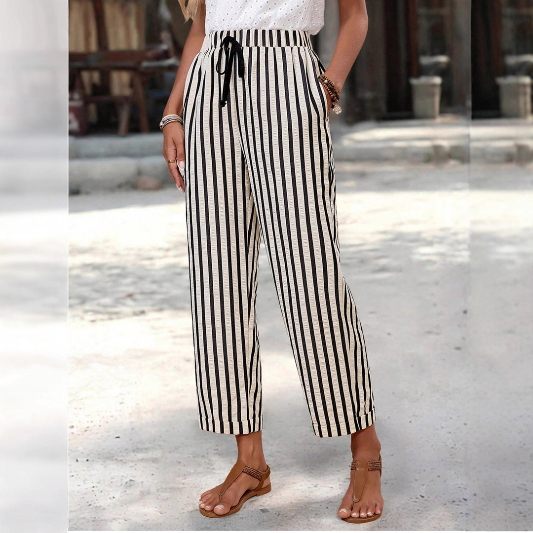 Damen Leichte hochtaillierte Streifen-Hose mit Elastikbund, Kordelzug und Seitentaschen Shop Nory