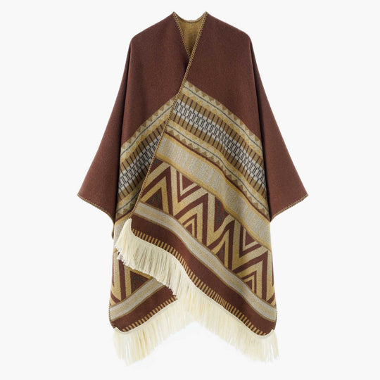 Damen Jacquard‑Ruana mit Fransen und folklorem Muster Shop Nory