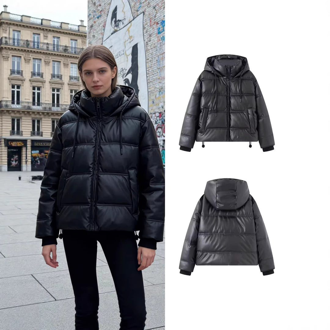 Damen Kurz gesteppte Kunstleder-Pufferjacke mit Kapuze, Tunnelzug und seitlichen Eingrifftaschen Shop Nory