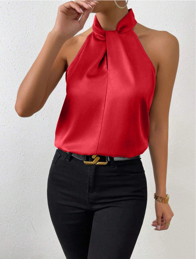 Damen Knoten Hals Stil Top Seide