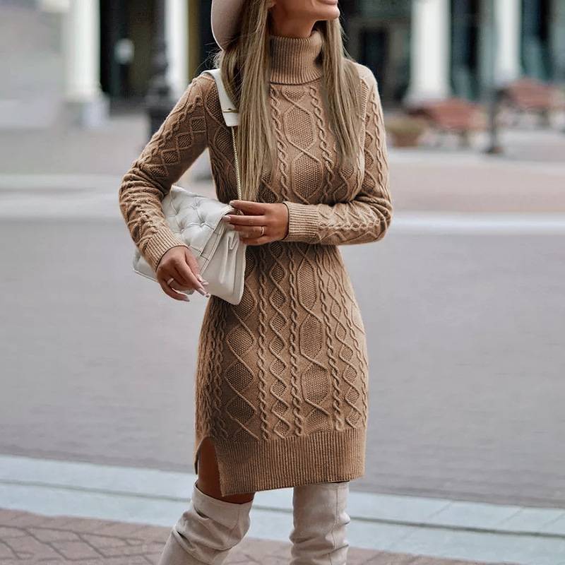 Damen nan figurbetontes Strickkleid mit Rollkragen, Zopfmuster, seitlichem Schlitz und geripptem Saum Shop Nory