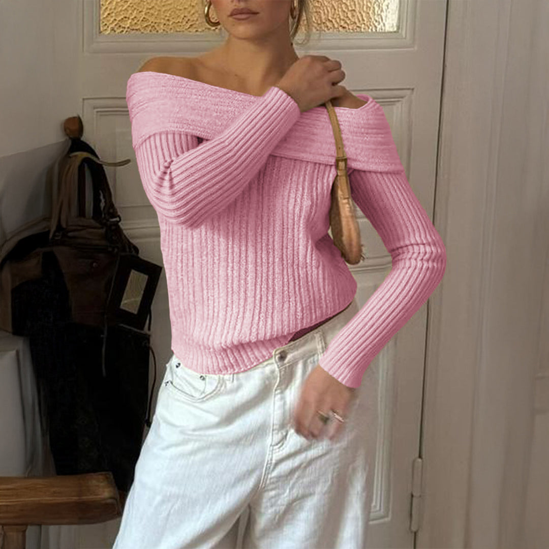 Damen nan Off-Shoulder Rippstrickpullover mit schmaler Silhouette und gerolltem Ausschnitt Shop Nory