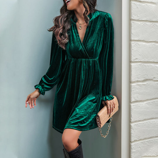 Damen Samt-Minikleid mit Wickeloberteil, Empire-Taille und Rüschenmanschetten Shop Nory