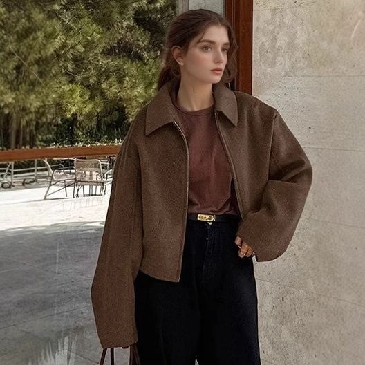 Damen nan kurzer kastiger Wollmix-Bomber mit Hemdkragen und verdecktem Reißverschluss Shop Nory
