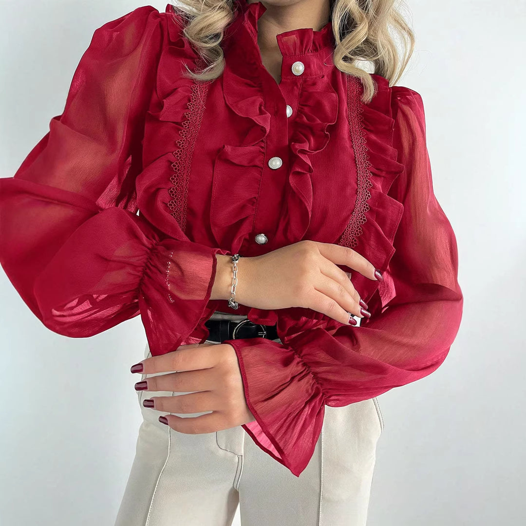 Damen Rüschenbluse aus Chiffon mit Stehkragen und Perlenknöpfen Shop Nory