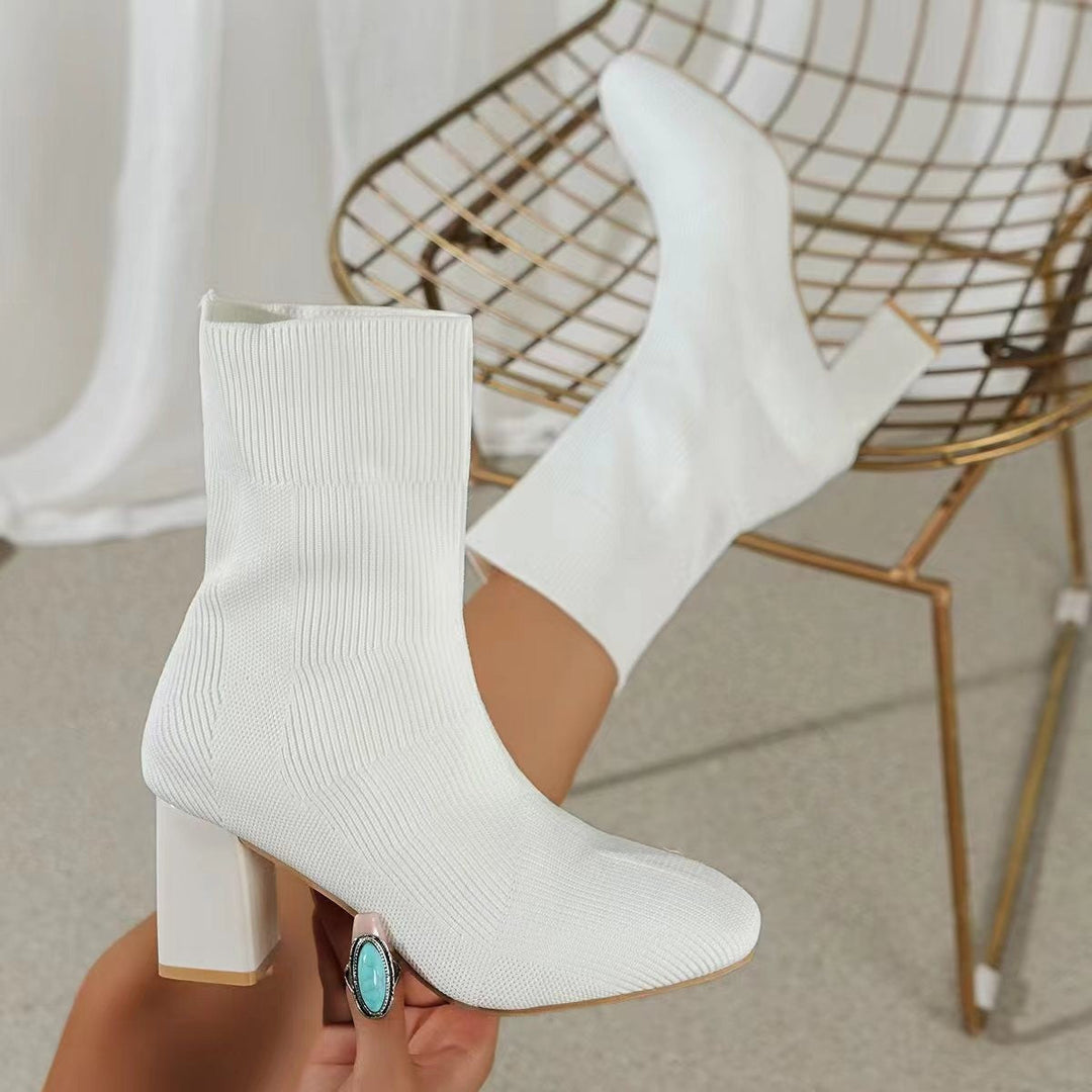 Damen Strickstiefeletten mit transparentem Blockabsatz und elastischem Schaft