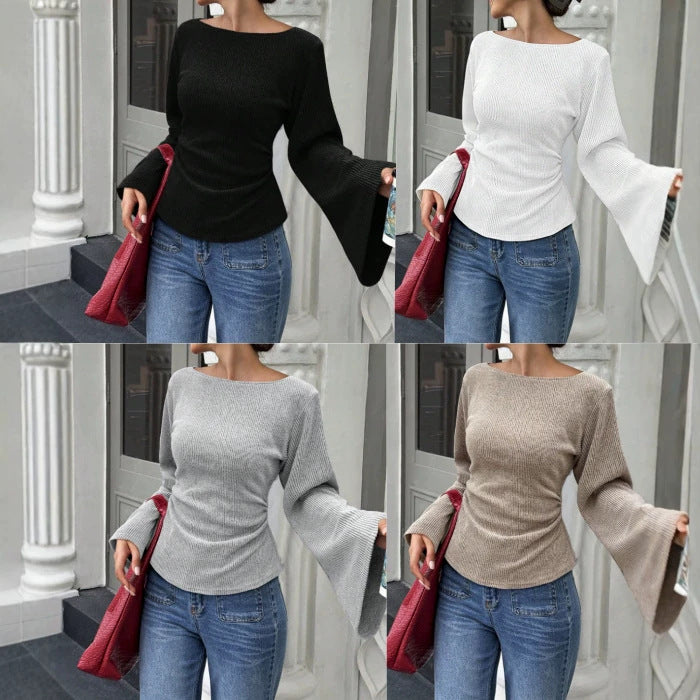 Damen Geripptes Feinstrick-Top mit weitem Trompetenärmel Shop Nory