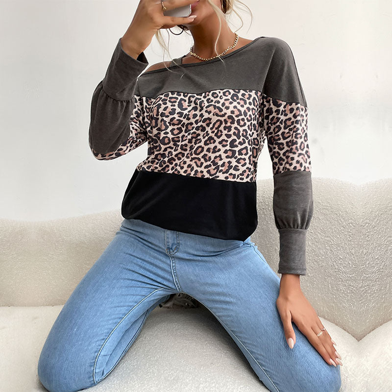Damen Legerer Off-Shoulder Pullover mit Leoparden‑Print, Kontrastblöcken und Spaghettiträger Shop Nory