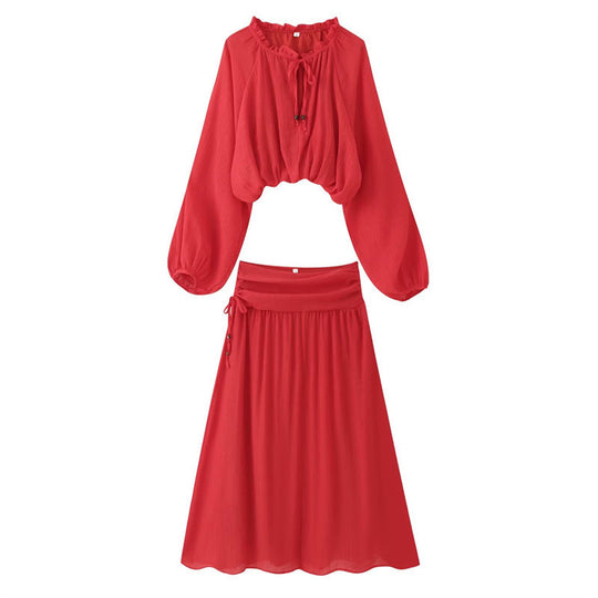 Damen Zweiteiliges Boho-Set mit verkürzter Rüschenbluse, Ballonärmeln und hochtailliertem Maxirock Shop Nory