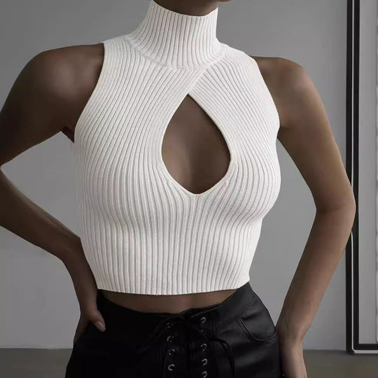 Damen Crop-Top mit hohem Kragen und tiefem Ausschnitt