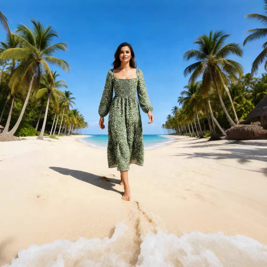 Damen Midikleid mit quadratischem Ausschnitt, gerafftem Rückenteil und Stufenrock Shop Nory