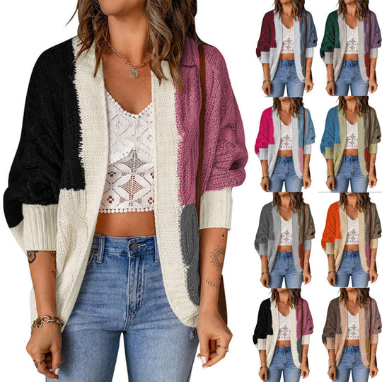 Damen Lockere Strickjacke mit modischem Farbblockdesign und tiefen Taschen
