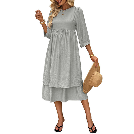 Damen Lagen-Midikleid mit geraffter Taille, 3/4-Ärmeln und lockerem A-Linien-Schnitt Shop Nory