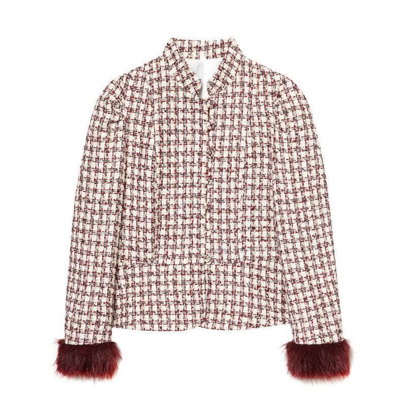 Damen Kurzblazer aus Bouclé‑Tweed mit Stehkragen und Kunstfellmanschetten Shop Nory