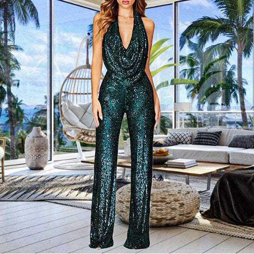 Damen Glitzerndes Jumpsuit mit tiefem V-Ausschnitt und weitem Bein