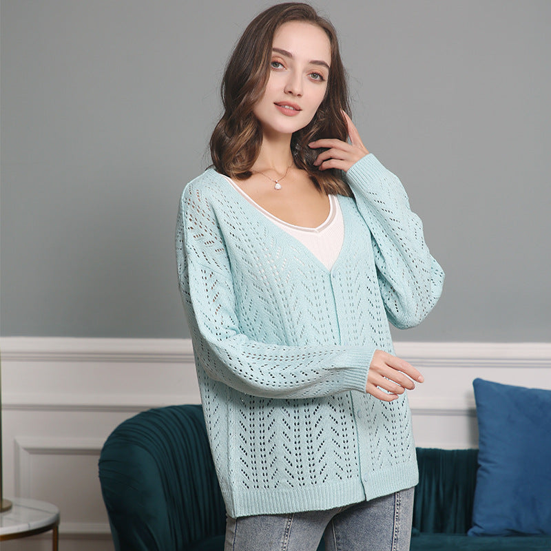 Damen Leichte Ajour-Strickjacke mit tiefem V-Ausschnitt und Knopfleiste Shop Nory