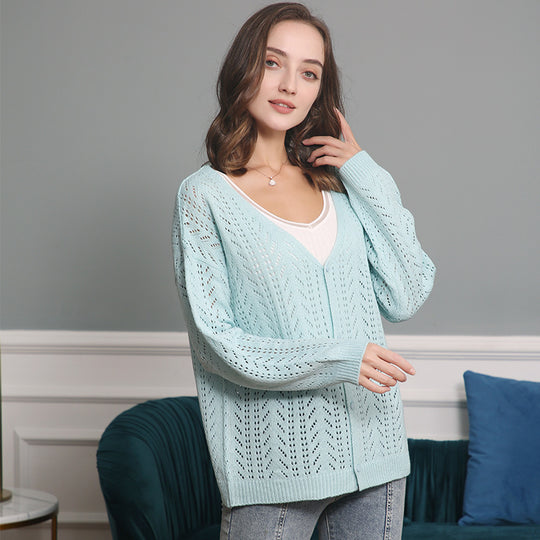 Damen Leichte Ajour-Strickjacke mit tiefem V-Ausschnitt und Knopfleiste Shop Nory