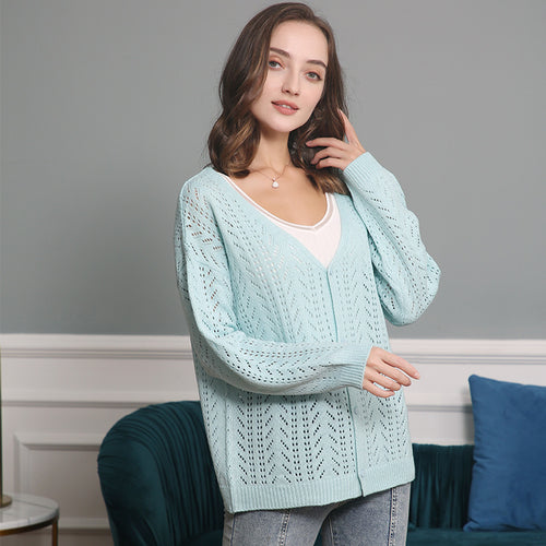 Damen Leichte Ajour-Strickjacke mit tiefem V-Ausschnitt und Knopfleiste Shop Nory