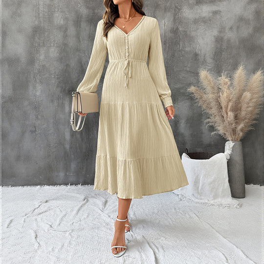 Damen Crinkle-Midikleid mit V-Ausschnitt, Knopfleiste, tailliertem Bindegürtel und Stufenrock Shop Nory