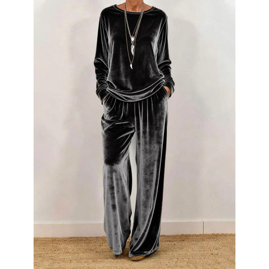 Damen Samt-Loungewear-Set mit weitem Bein, elastischem Bund und Rundhalsausschnitt Shop Nory