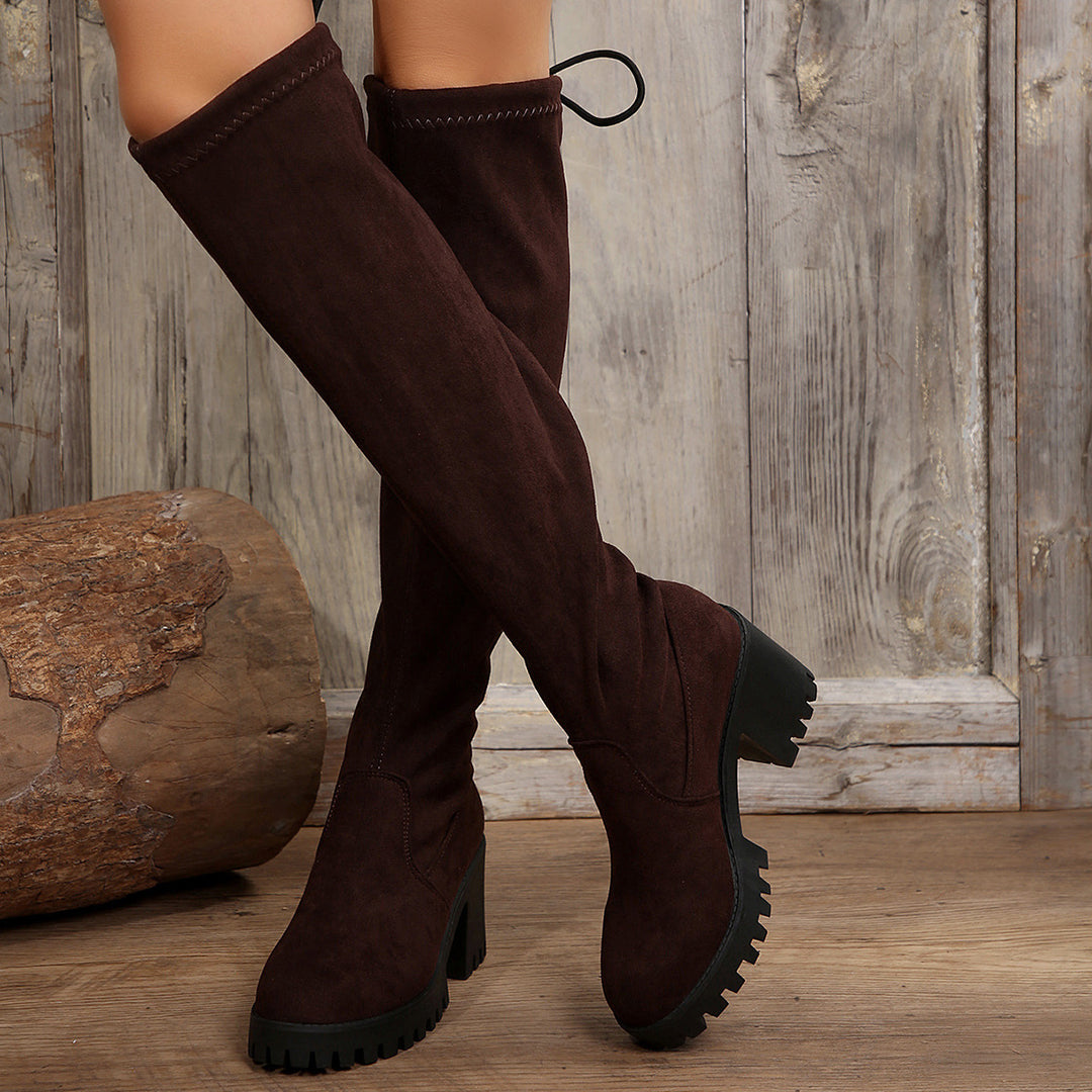 Damen Overknee-Stiefel mit Leopardmuster, Stretchschaft und klobiger Lug-Sohle Shop Nory