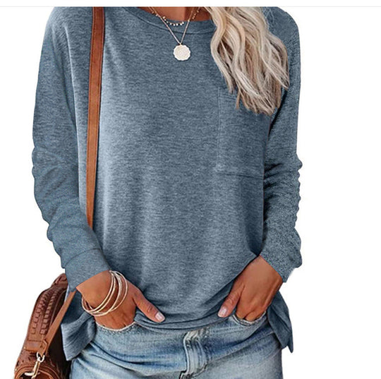 Damen lässiges Langarmshirt mit Taschen und Rundhalsausschnitt