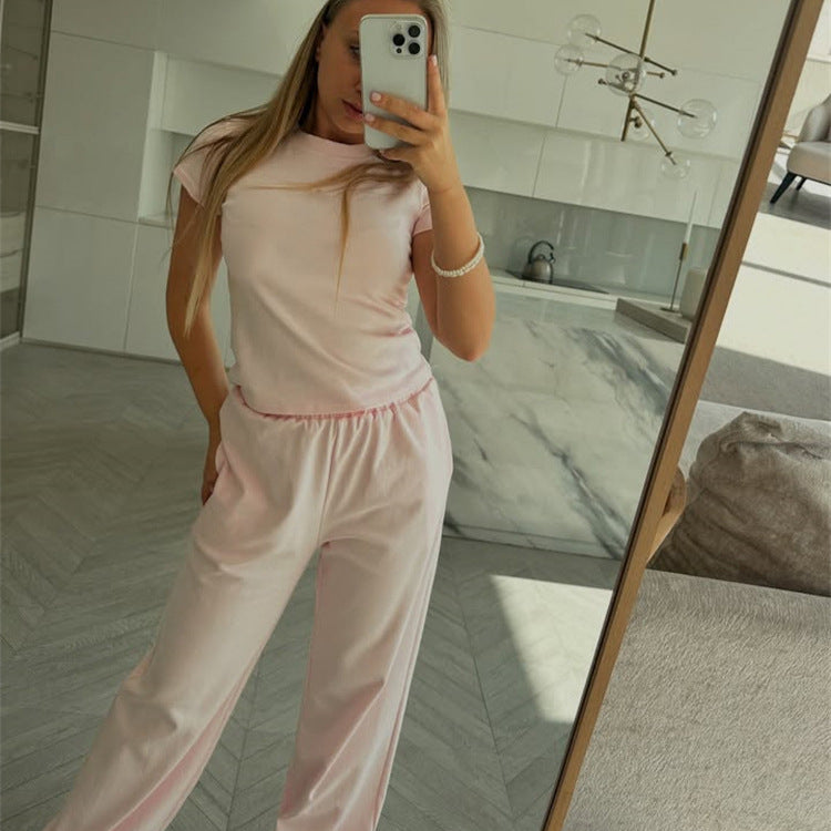Damen figurnahes Kurzarm-Rippshirt und elastische High-Waist-Loungehose Set Shop Nory