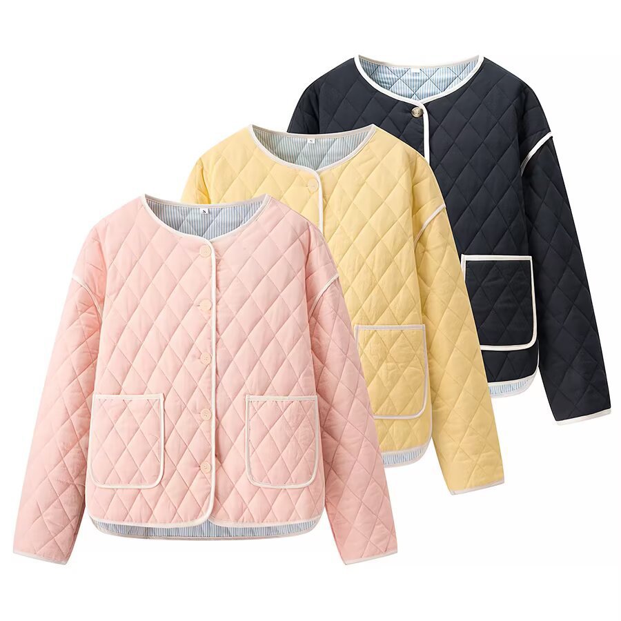 Damen gesteppte Kurzjacke mit Diamantstepp, kontrastierter Paspel und abgerundetem Saum Shop Nory