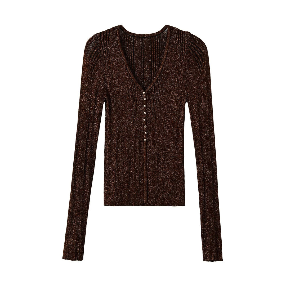 Damen Figurbetonter gerippter Feinstrick-Cardigan mit V‑Ausschnitt, Glanzfaden und Zierknopfleiste Shop Nory