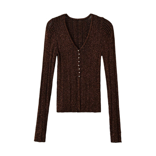 Damen Figurbetonter gerippter Feinstrick-Cardigan mit V‑Ausschnitt, Glanzfaden und Zierknopfleiste Shop Nory