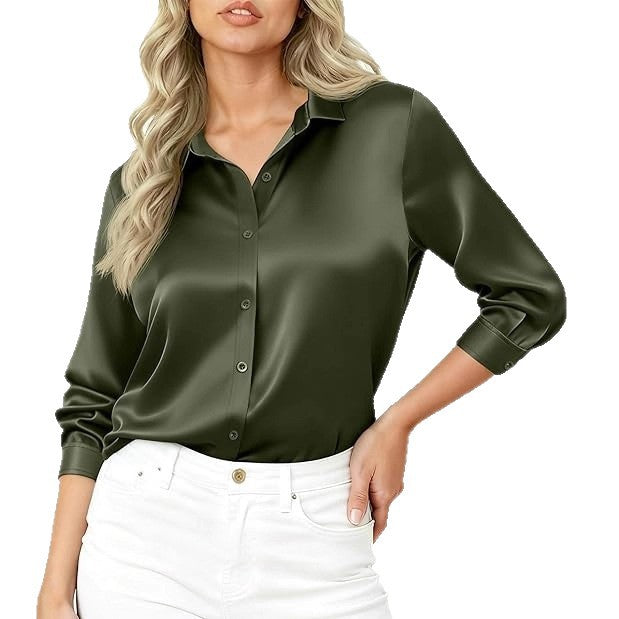 Damen Seidiges Satin-Blusenshirt mit Hemdkragen und dreiviertel Ärmeln Shop Nory