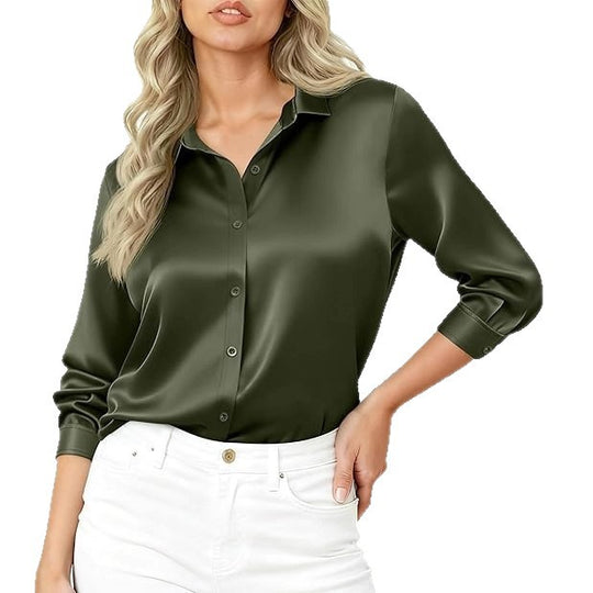 Damen Seidiges Satin-Blusenshirt mit Hemdkragen und dreiviertel Ärmeln Shop Nory